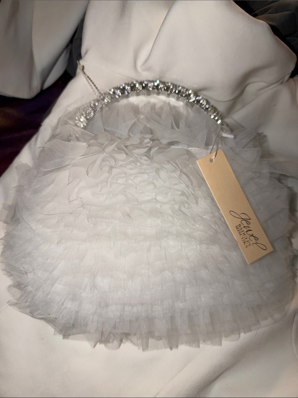 Jewel Badgley Mischka White Ruffle Tulle Evening Bag with Crystal Handle